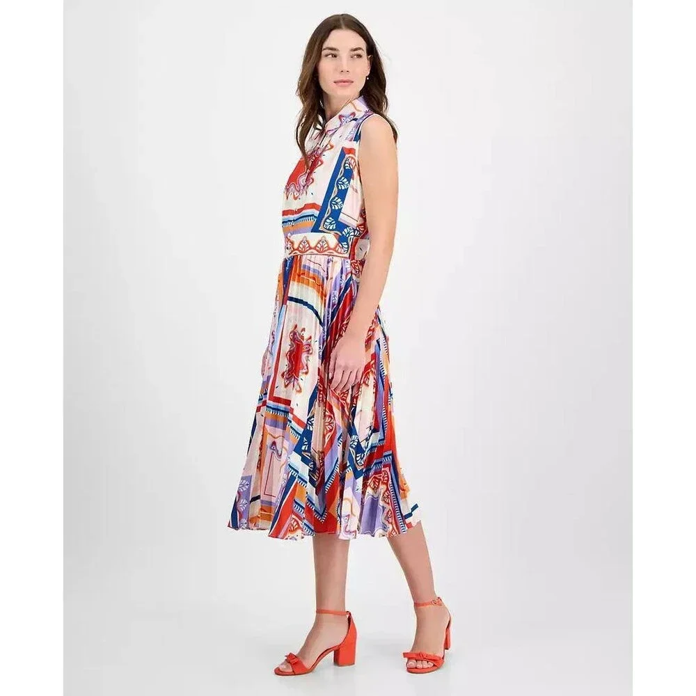 Tahari Women’s Printed Pleated Midi Shirtdress Como Tile Print 10 $138 NWT - Picture 2 of 10